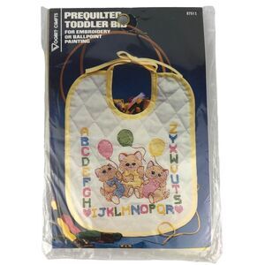 NOS Vogart Crafts Prequilted Toddler Bib Embroidery Kittens Balloons Alphabet